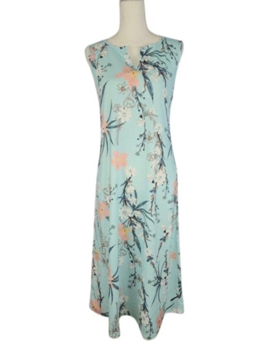 NWOT Blue Floral Sleeveless Maxi Dress A-Line Pockets Size Medium